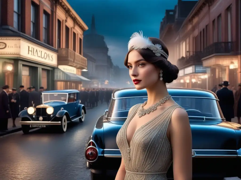 Época dorada: ilustración detallada de moda femenina de los años 1910 Elegante mujer de los años 1910 con vestido flapper y diadema de plumas, en escena urbana
