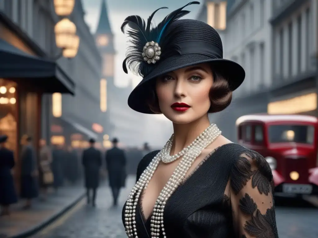 Mujer elegante de los años 20 con accesorios retro y moda contemporánea Una elegante mujer de los años 1920 con accesorios retro desde 1910 en una bulliciosa calle de la ciudad