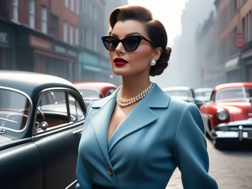 Elegante mujer de los años 50 con accesorios icónicos Una elegante mujer de los años 50 con accesorios icónicos moda retro siglo XX, paseando por la ciudad