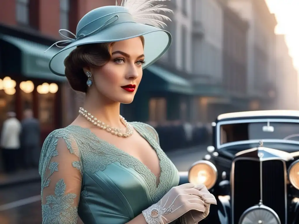 Mujer glamorosa de los años 30 con estilo vintage Una elegante mujer de los años 30 con accesorios retro, viste un traje vintage y sombrero cloché, glamorosa en la ciudad
