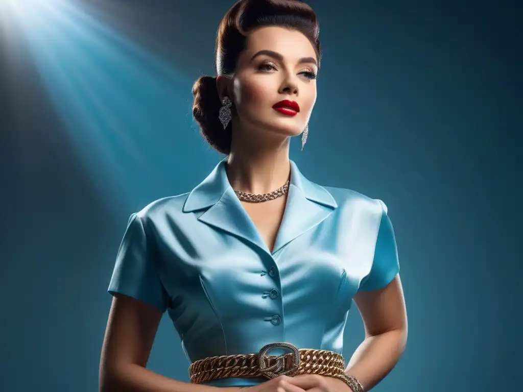 Retrato glamuroso mujer 1950 con cinturón de cadena Una elegante mujer de los años 50, cinchando su cintura con un cinturón de cadena, en un escenario urbano vintage
