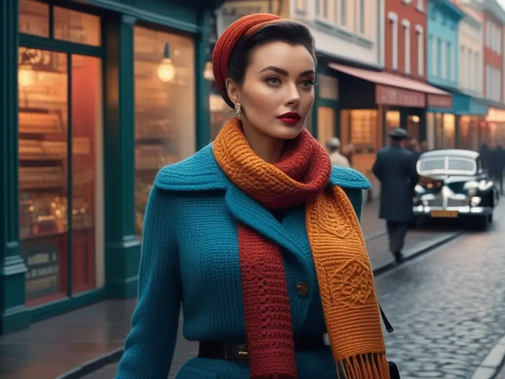 Una elegante mujer de los años 50 pasea por la ciudad con una bufanda de punto estilo retro en vibrantes colores y patrones