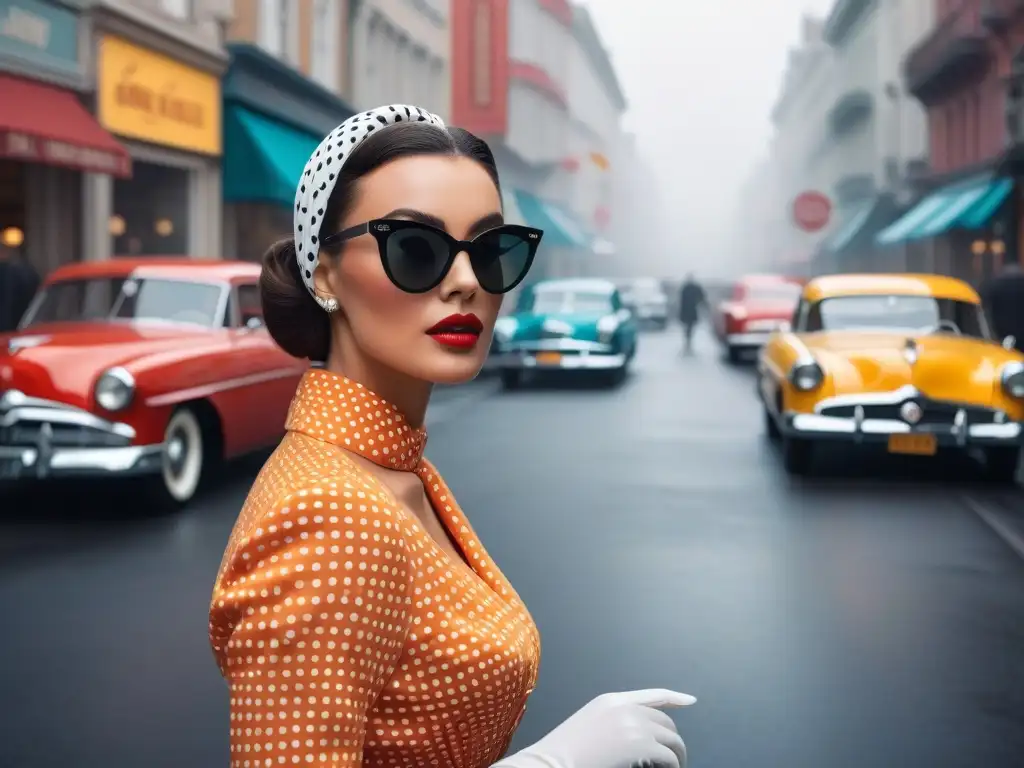 Retro Chic: Mujer elegante de los años 50 en la ciudad Elegante mujer de los años 50 con gafas de sol retro, paseando por la ciudad