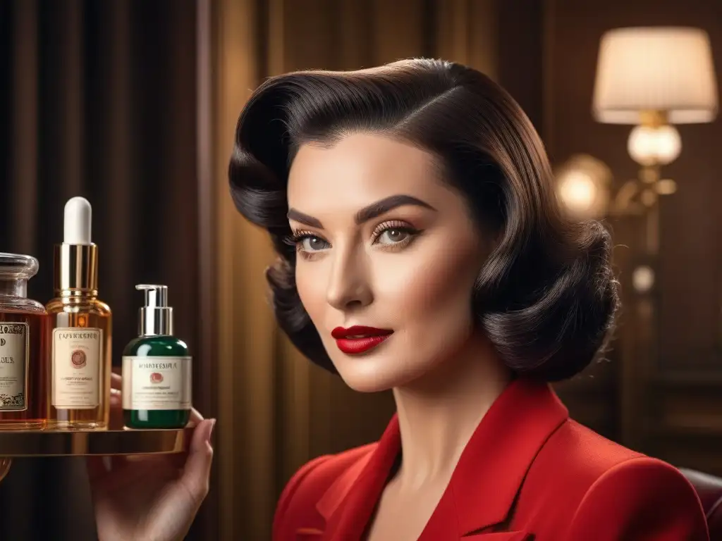 Belleza atemporal: mascarillas de los 40s al presente Una elegante mujer de los años 40 con mascarilla facial, rodeada de productos vintage y modernos