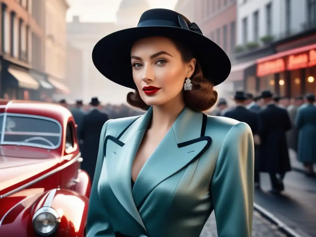 Retrato realista de mujer glamorosa de los años 40 en la ciudad Una elegante mujer de los años 40 con un sombrero ancho y lazo de satén, en una ciudad bulliciosa