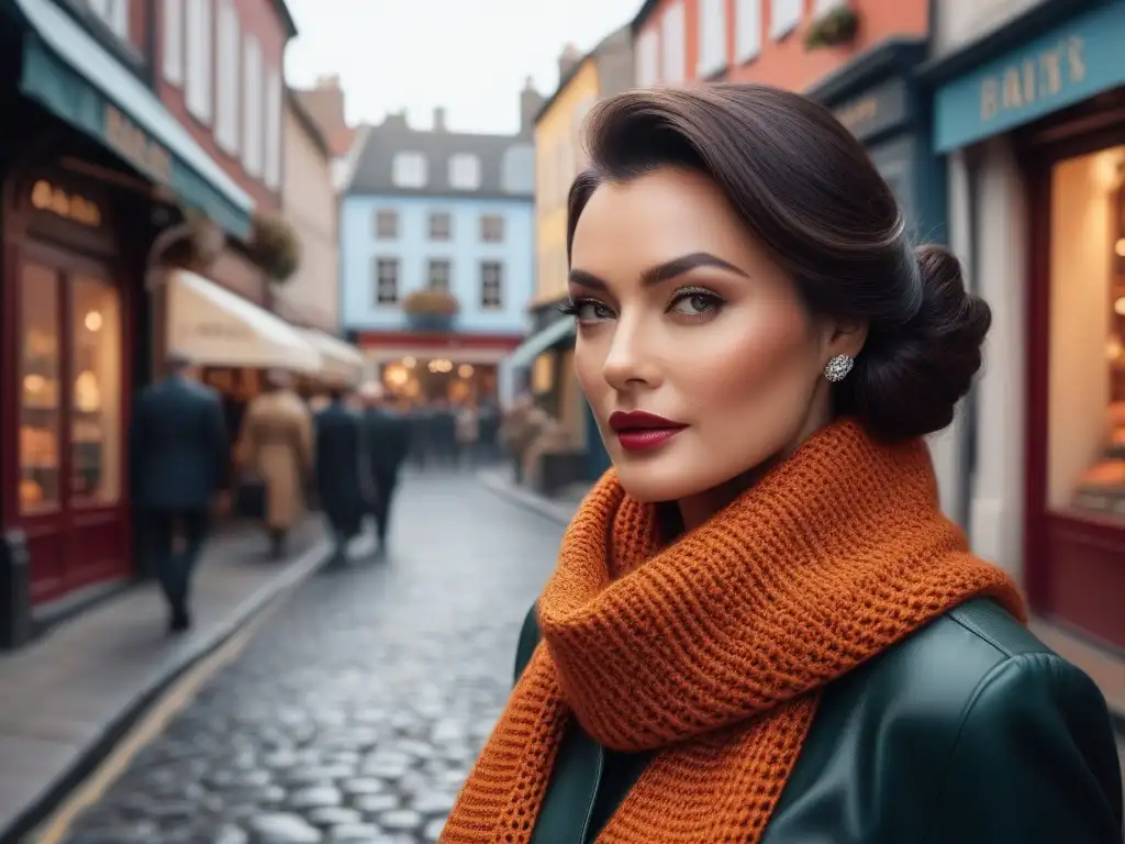 Una elegante mujer de los 50 con bufanda de punto estilo retro camina en otoño por una calle empedrada