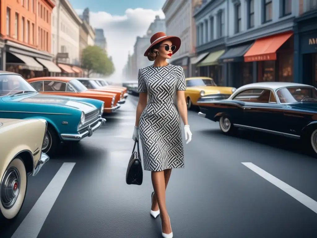 Moda retro de los años 60: Mujer chic en la ciudad Una elegante mujer viste un conjunto vintage de los años 60, caminando por la ciudad