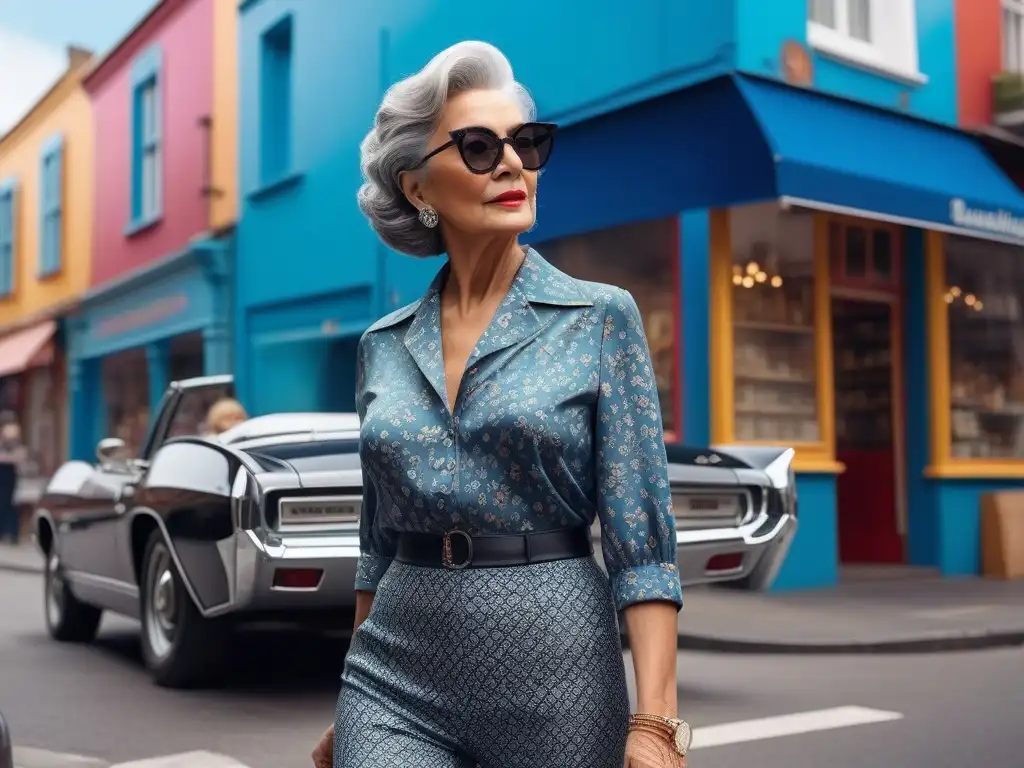 Mujer elegante con estilo vintage paseando por la ciudad Elegante mujer mayor redefine estilo retro moda, paseando por la ciudad entre tiendas y murales coloridos