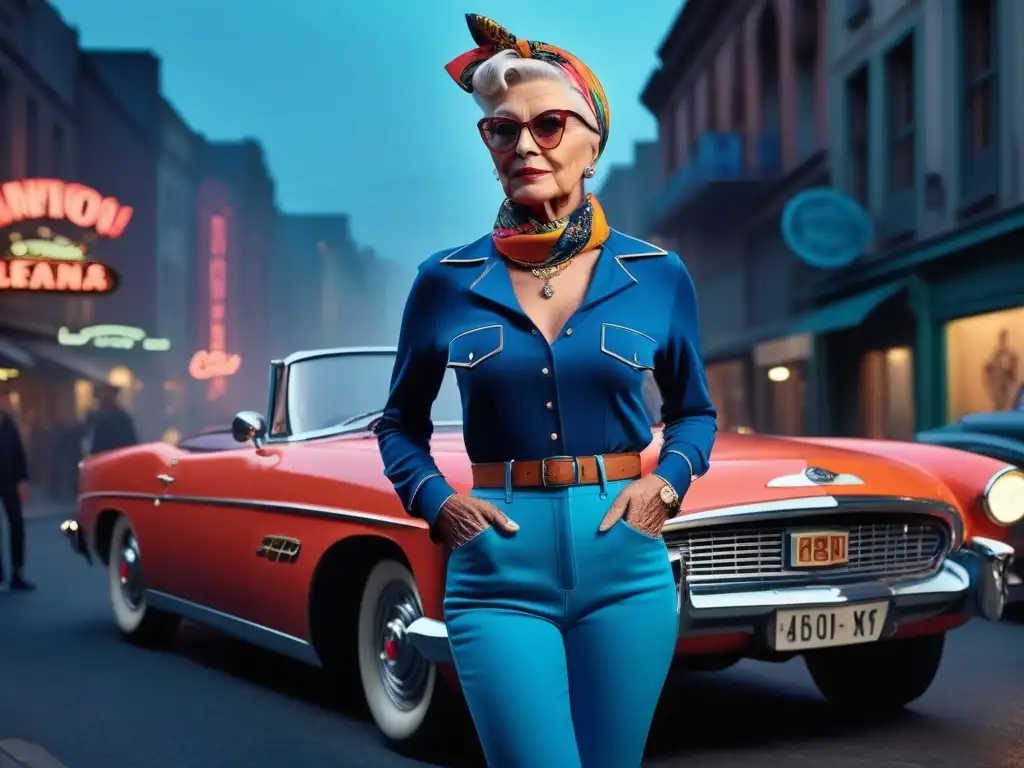 Estilosa mujer mayor en outfit retro junto a un convertible vintage Una elegante mujer mayor redefine el estilo retro con su atuendo, frente a un auto clásico en la ciudad al anochecer