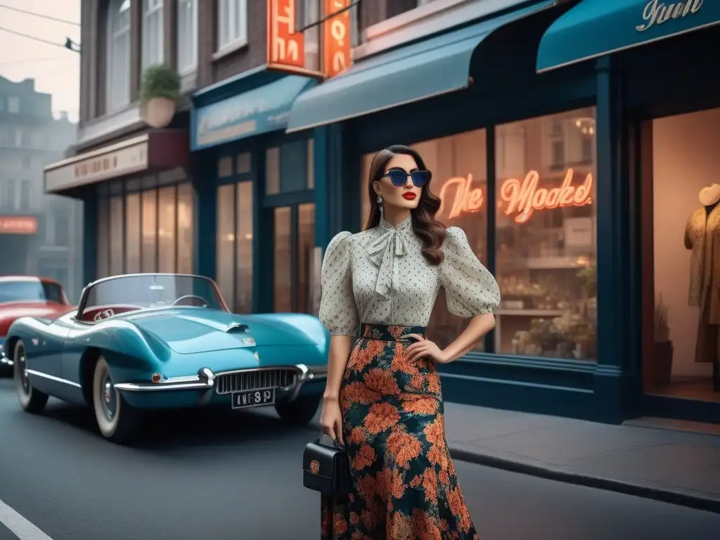 Elegancia vintage en la ciudad: moda atemporal y sofisticada Una elegante mujer en moda vintage, con accesorios retro, en una calle de la ciudad