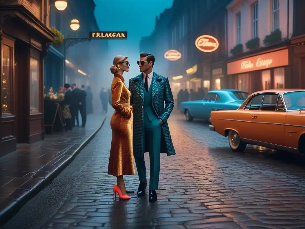 Sofisticación retro: pareja elegante en los 60s y 70s Una elegante pareja vestida con moda retro años 60 y 70 bajo una farola en la calle empedrada