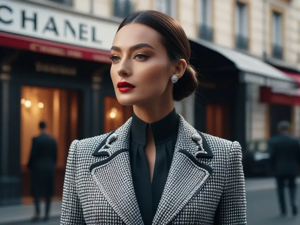Elegante publicidad icónica Chanel moda retro con modelo glamurosa en traje clásico