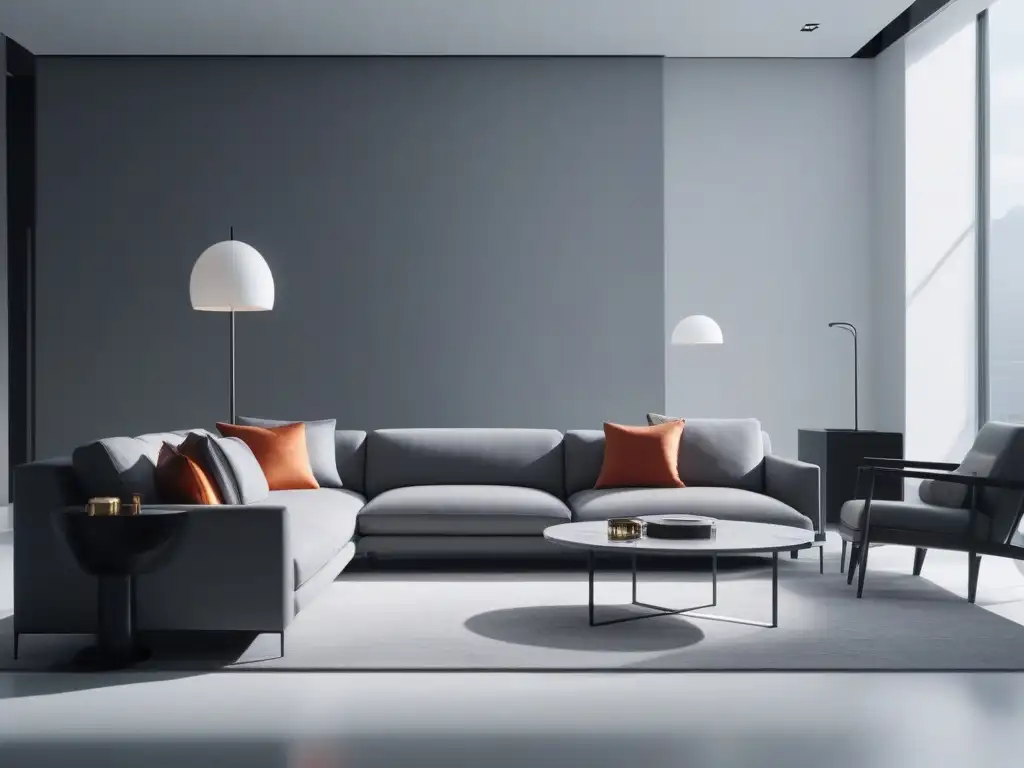 Elegante sala minimalista Calvin Klein siglo XX con mobiliario moderno y tonos neutros, detalles de color audaz