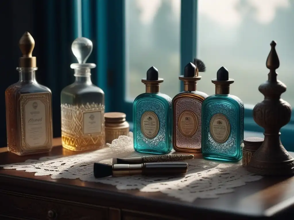 Elegante tocador vintage con tónicos faciales retro, evocando la moda y la belleza de épocas pasadas