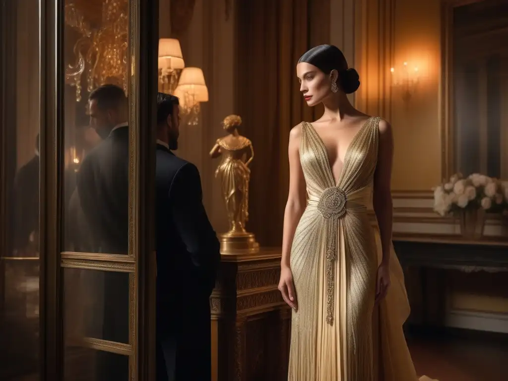 Glamorosa soirée de 1910 con el icónico Delphos de Fortuny Un elegante vestido Delphos de Mariano Fortuny en una glamurosa fiesta de los años 1910
