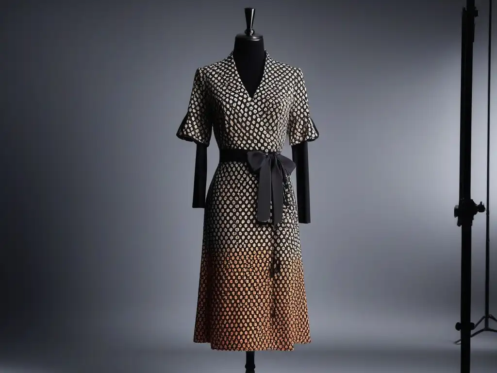Vestido Diane von Fürstenberg: Elegancia y estilo atemporal en alta costura Un elegante vestido wrap Diane von Fürstenberg exhibido en una boutique de lujo