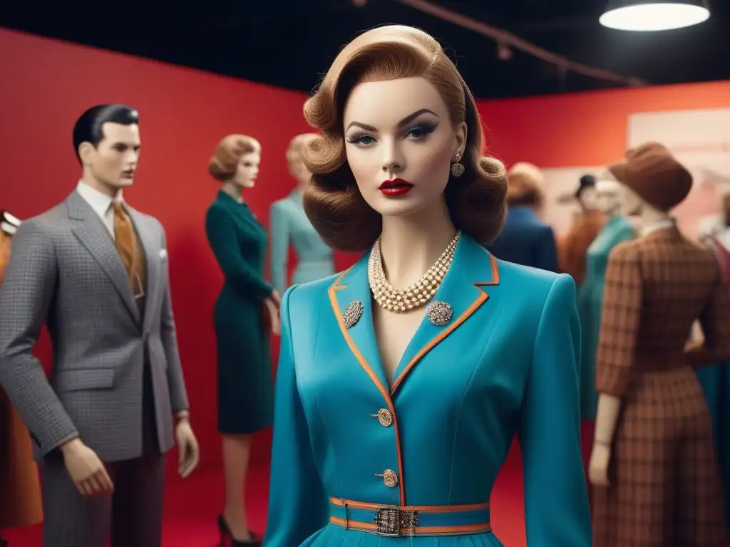 Un emocionante salón de exposición de moda retro, lleno de maniquíes y visitantes admirando las tendencias actuales y el estilo atemporal