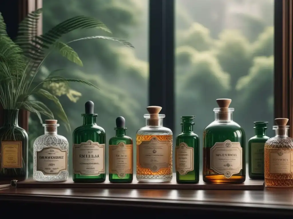 Un escaparate vintage de tónicos faciales años 60 en botellas de vidrio, en una boutique de cuidado de la piel