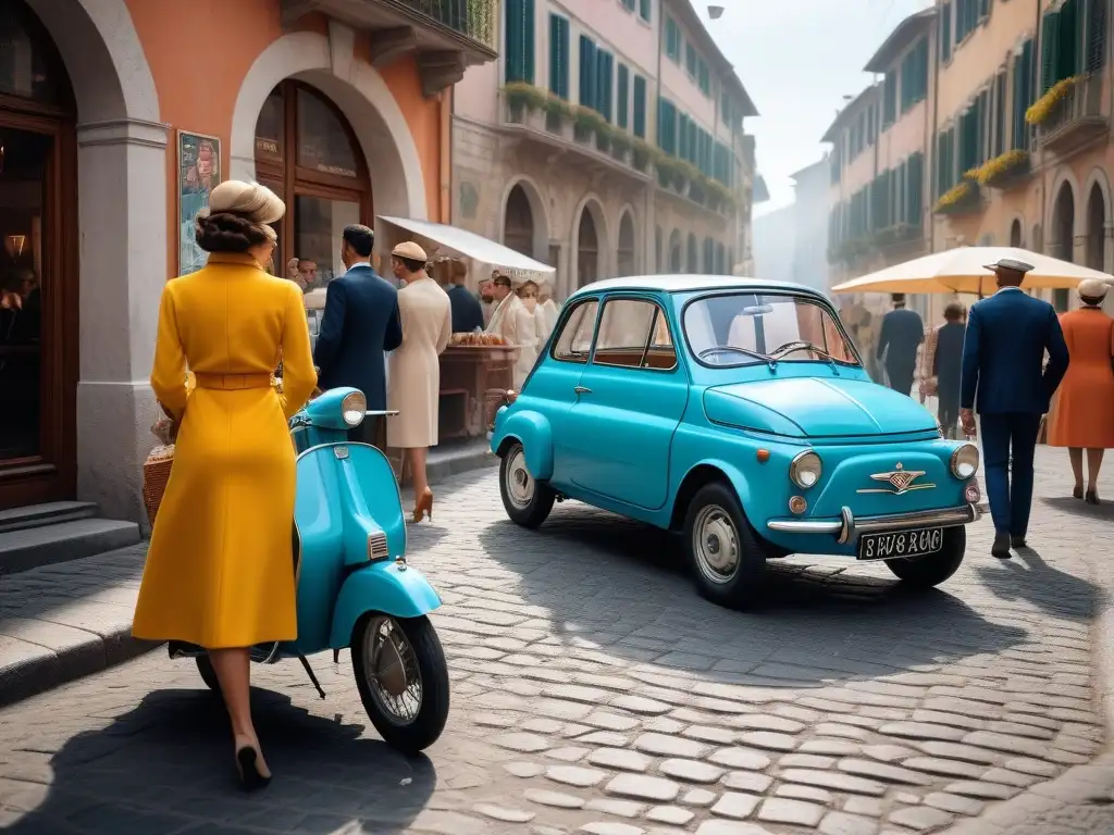 Escena callejera retro en Italia: moda y música de los 60 Escena animada en Italia años 60 con moda retro, Vespas coloridas y arquitectura icónica