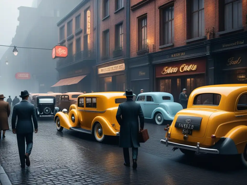 Época dorada: Escena callejera de los años 30 con moda retro Escena de calle en la ciudad de los años 30 con moda retro inspirada en el cine clásico