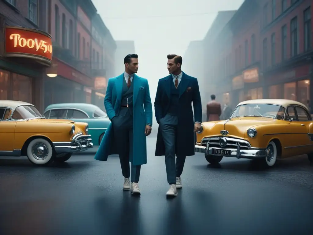 Escena urbana retro de los 50 con estilo y tenis de lona Escena callejera retro de los años 50 con personas elegantes usando zapatillas de lona moda retro