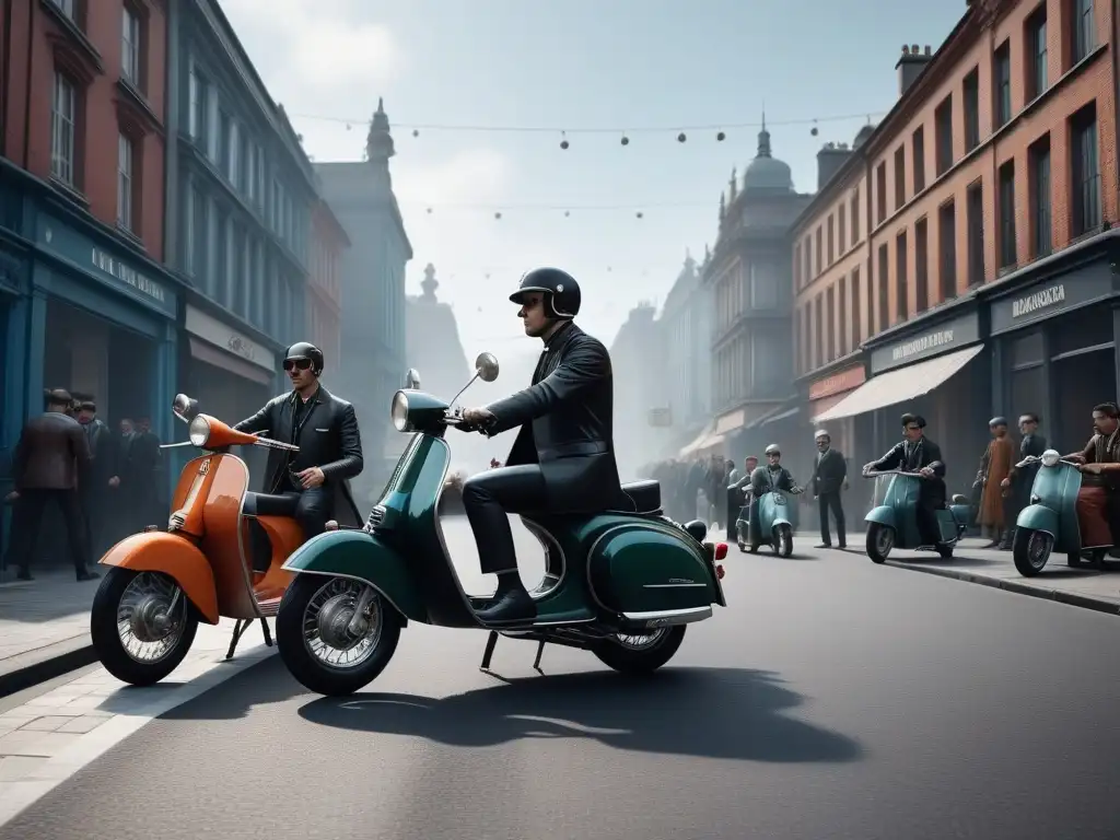 Escena callejera de los 60: Mods vs Escena callejera de los 60 con Mod y Rockers, estilos contraculturales distintivos, motocicletas y scooters vibrantes