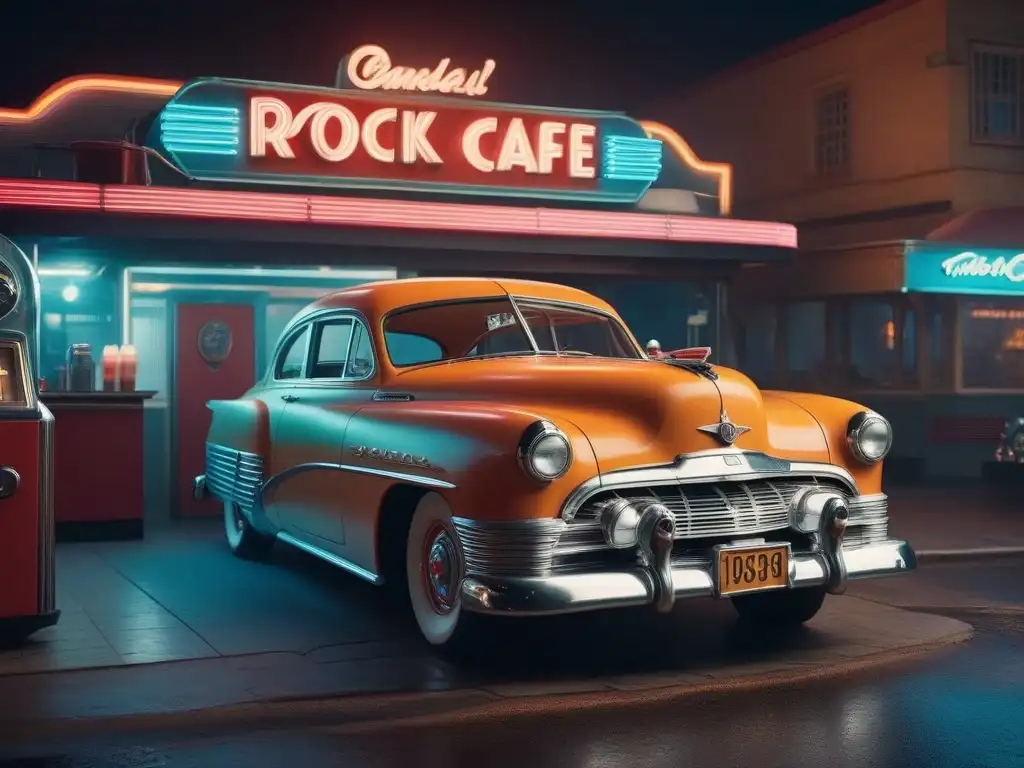 Escena nostálgica de un diner de los 50 con ambiente rock & roll Una escena cinematográfica retro de un diner de los años 50 con moda rock and roll, autos vintage y neón 'Rock & Roll Cafe'