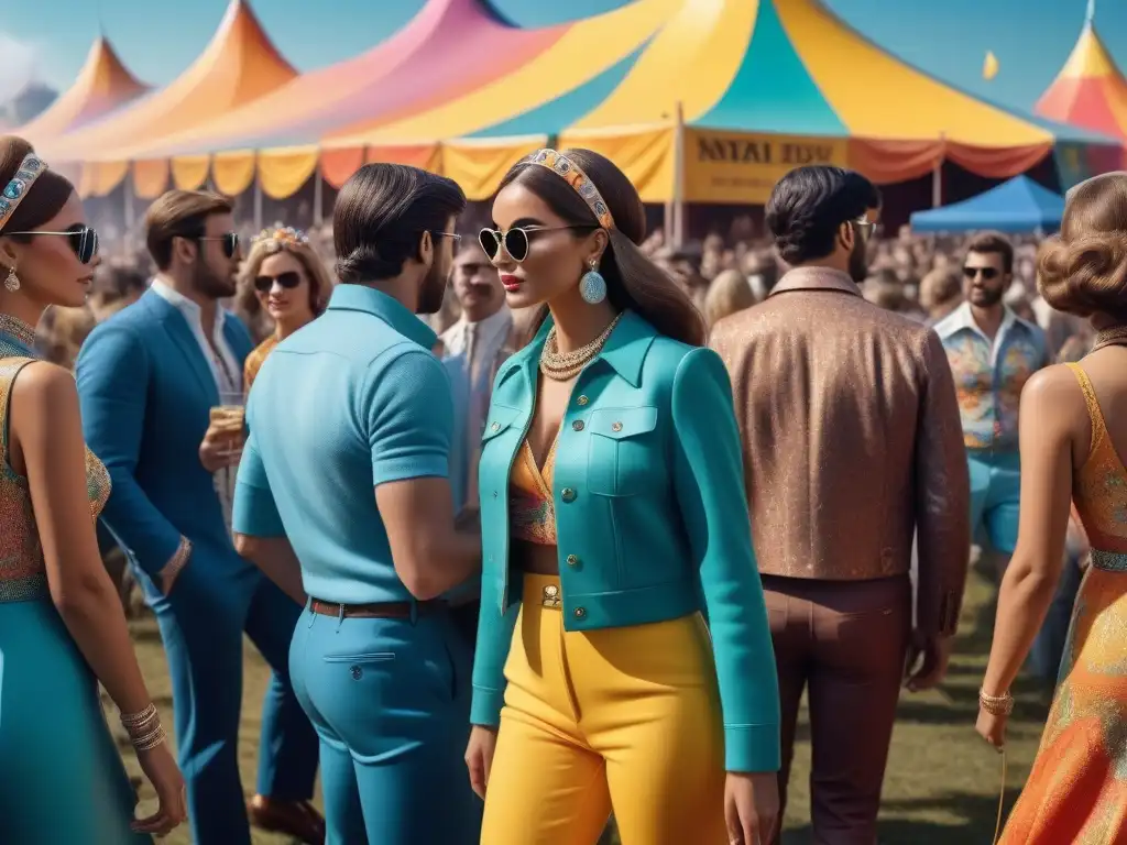 Una escena detallada y animada de un festival de música de los años 60 con moda retro y vibrante energía