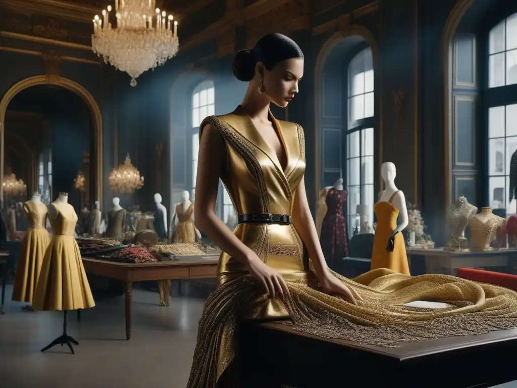 Atelier de Alta Costura Balenciaga: Años Dorados en Acción Escena detallada de un bullicioso taller de moda de Balenciaga en los años dorados, con costureras creando diseños de alta costura