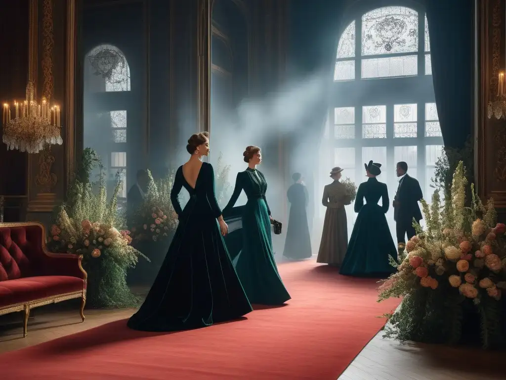 Desfile de moda de los años 1910: siluetas suntuosas a simples Escena detallada de desfile de moda retro siglo XX, con siluetas femeninas y elegancia de la época