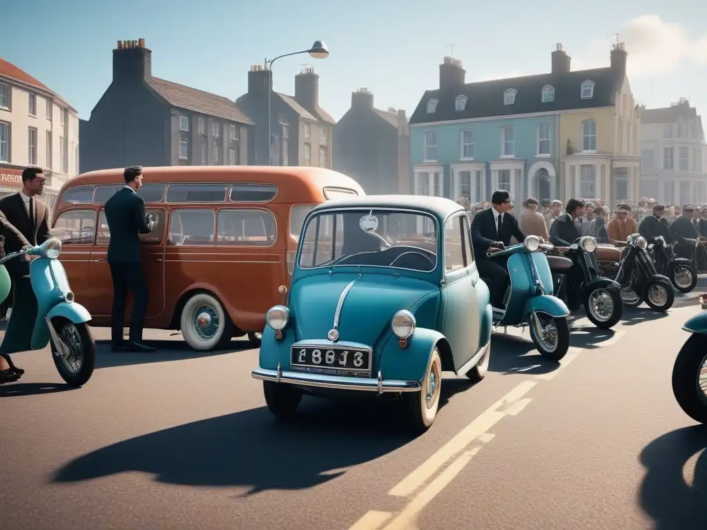 Choque de estilos en el paseo marítimo británico de los 60: Mods vs Rockers Escena detallada de la rivalidad entre Mod y Rockers estilos contraculturales en un paseo marítimo británico de los años 60