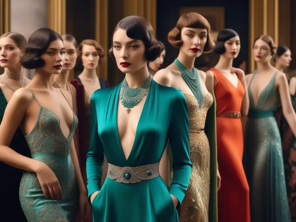 Paul Poiret y la liberación de la moda femenina en los años 20 Escena detallada de Paul Poiret rodeado de mujeres elegantes en atuendos retro de los años 20, ilustrando la moda retro del siglo XX