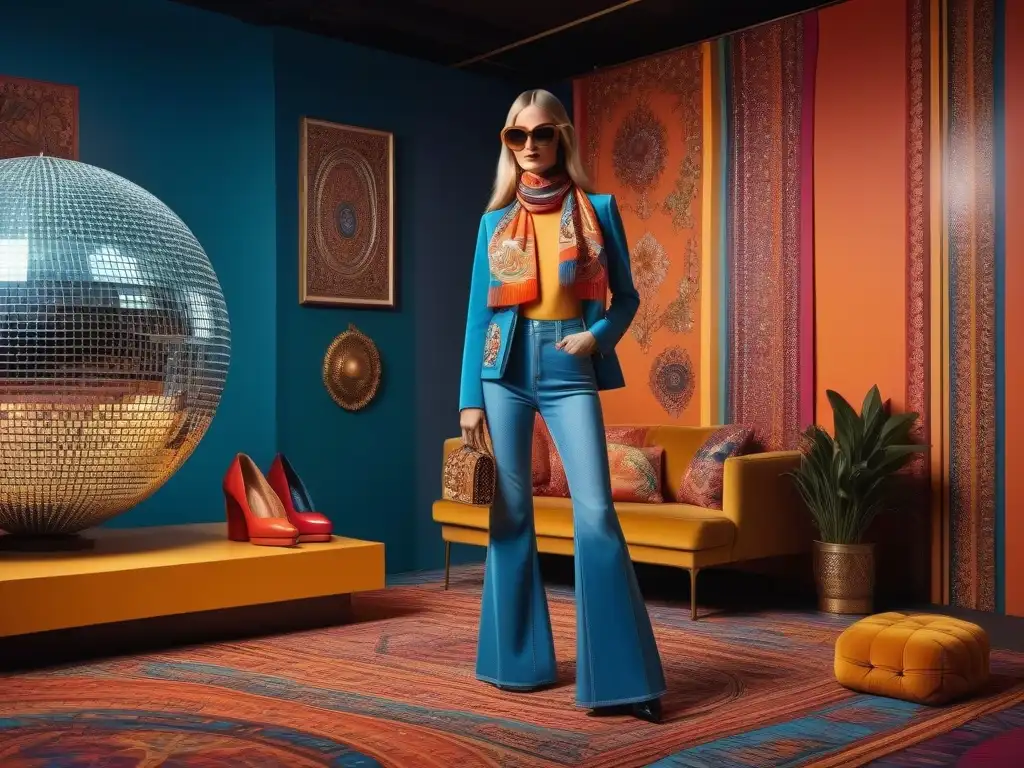 Una escena detallada y vibrante de moda retro de los años 70 con accesorios coloridos y complementos en colores llamativos