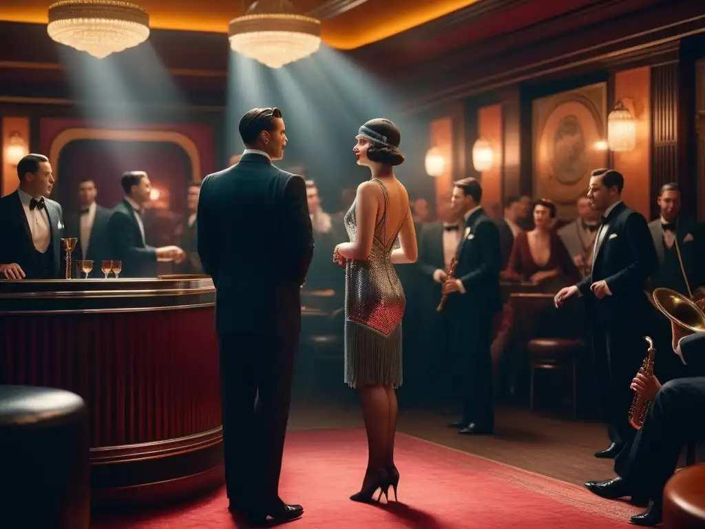 Escena glamurosa de un club de jazz de los años 20 Una escena elegante de un club de jazz de los años 20 con moda retro años 20 2000 y un ambiente sofisticado y glamuroso