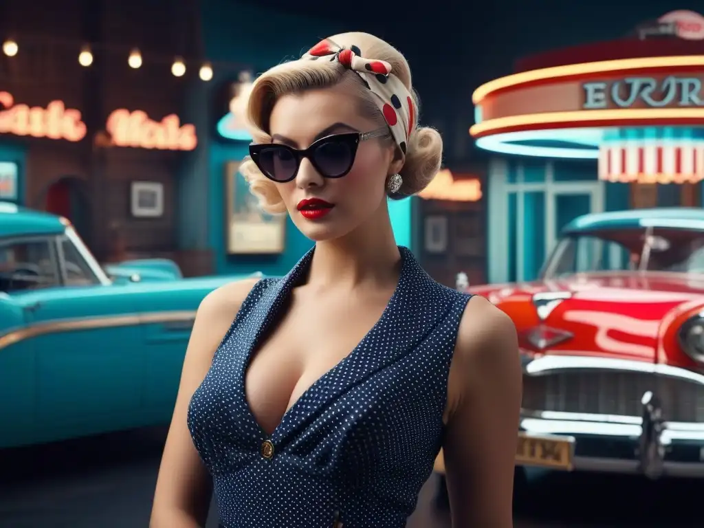 Foto vintage: modelo con estilo retro en un diner de los 50 Una escena fotográfica detallada y realista con accesorios retro moda estilismo fotográfico en un entorno vintage nostálgico y elegante