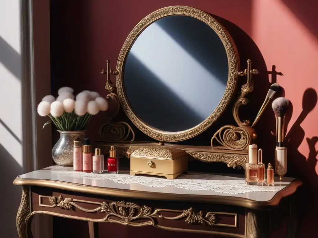 Belleza vintage: tocador con productos de maquillaje retro Una escena de glamour y belleza atemporal con una mesa de tocador vintage y productos de maquillaje retro, evocando la historia del maquillaje retro