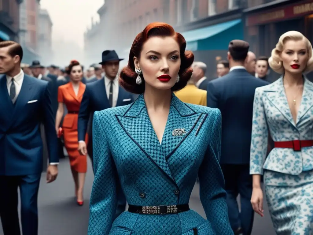 Escena de moda de los años 50: Elegancia y estilo vibrante Una escena de moda de los años 50 con estampados atrevidos y elegancia vibrante