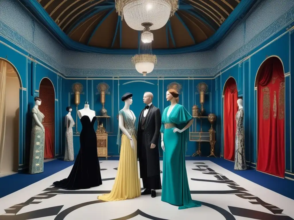 Exposición vintage de Paul Poiret: opulencia y sofisticación del siglo XX Una escena de moda retro del siglo XX: sala de exposición con prendas vintage de Paul Poiret, maniquíes elegantes y decoración art déco