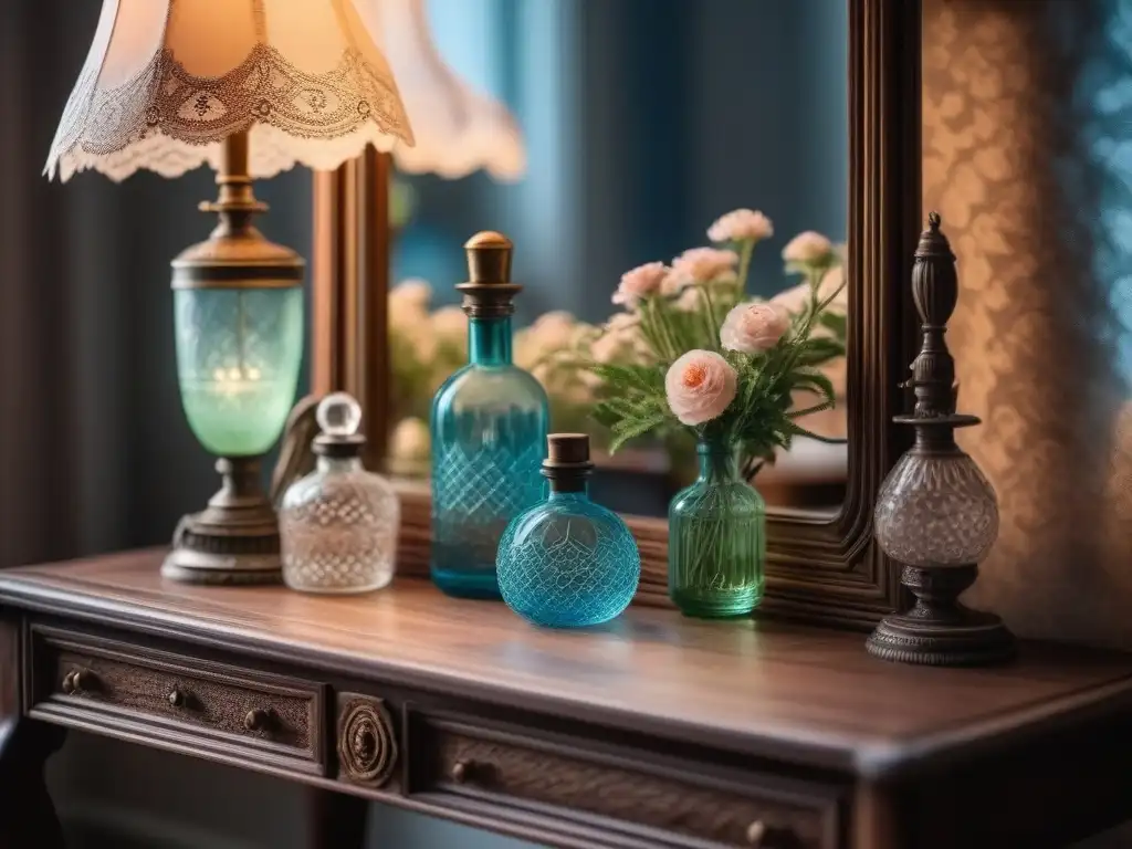 Escena nostálgica de tocador vintage con tónicos faciales en botellas de vidrio y detalles elegantes