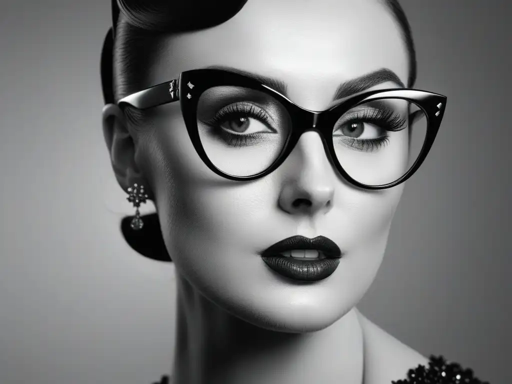 Actriz icónica de los 40s con gafas de cateye: elegancia atemporal Una escena de película en blanco y negro de los años 40 con una actriz glamorosa usando gafas de ojo de gato, exudando elegancia y estilo