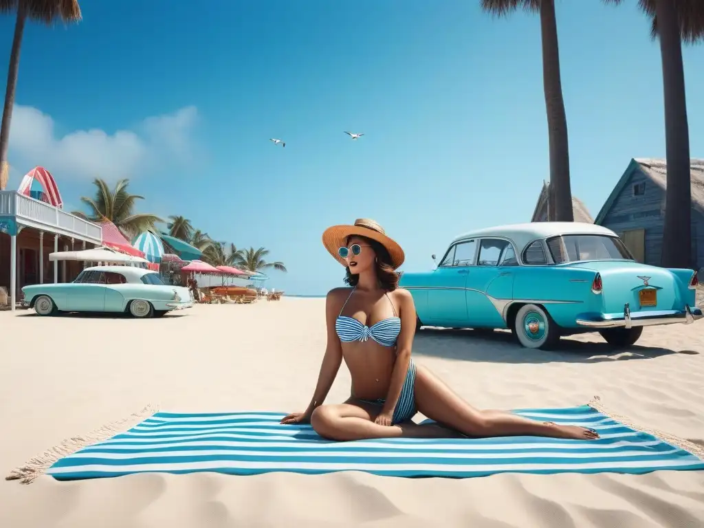 Esencia retro: mujer glamorosa en playa de los años 50 Una escena playera glamorosa de los años 50 con moda retro, donde una mujer estilo vintage disfruta en la playa con accesorios clásicos y un paisaje idílico de la época, historia del bikini moda retro
