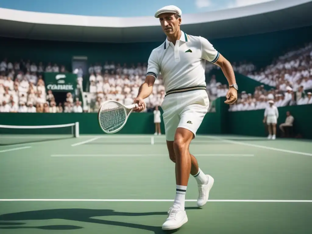 René Lacoste: Elegancia en la pista de tenis de los años 20 Escena retro de tenis con René Lacoste en un atuendo clásico de los años 20, exhibiendo moda deportiva retro René Lacoste
