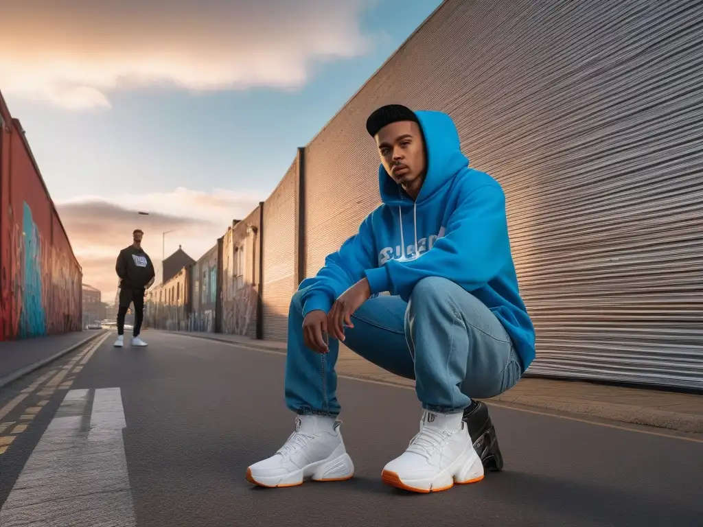 Escena callejera retro: jóvenes en streetwear hiphop al atardecer Escena urbana animada al atardecer con streetwear retro influenciado por hip-hop en una pared graffiti