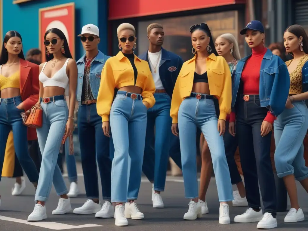 Escena callejera de los 90: moda icónica y diversidad Una escena urbana bulliciosa de los años 90 con diseñadores de moda retro como Versace y Calvin Klein, y personas vestidas con tendencias de la época