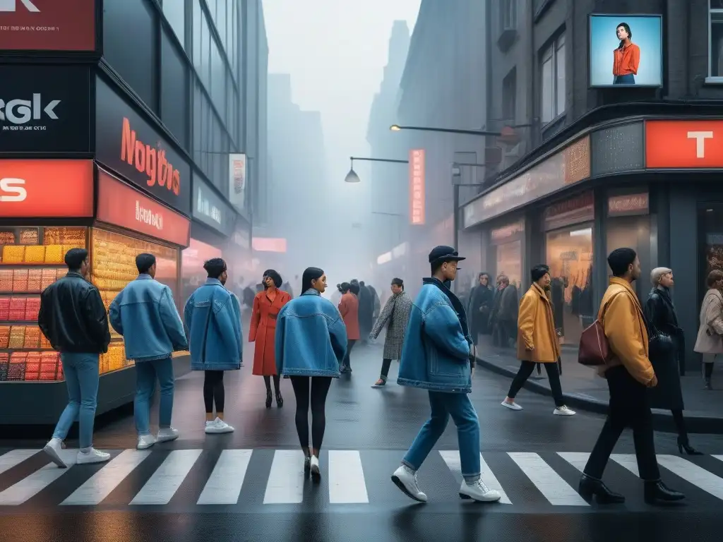 Escena urbana de la transición de décadas con moda y publicidad de los 90s y 2000s