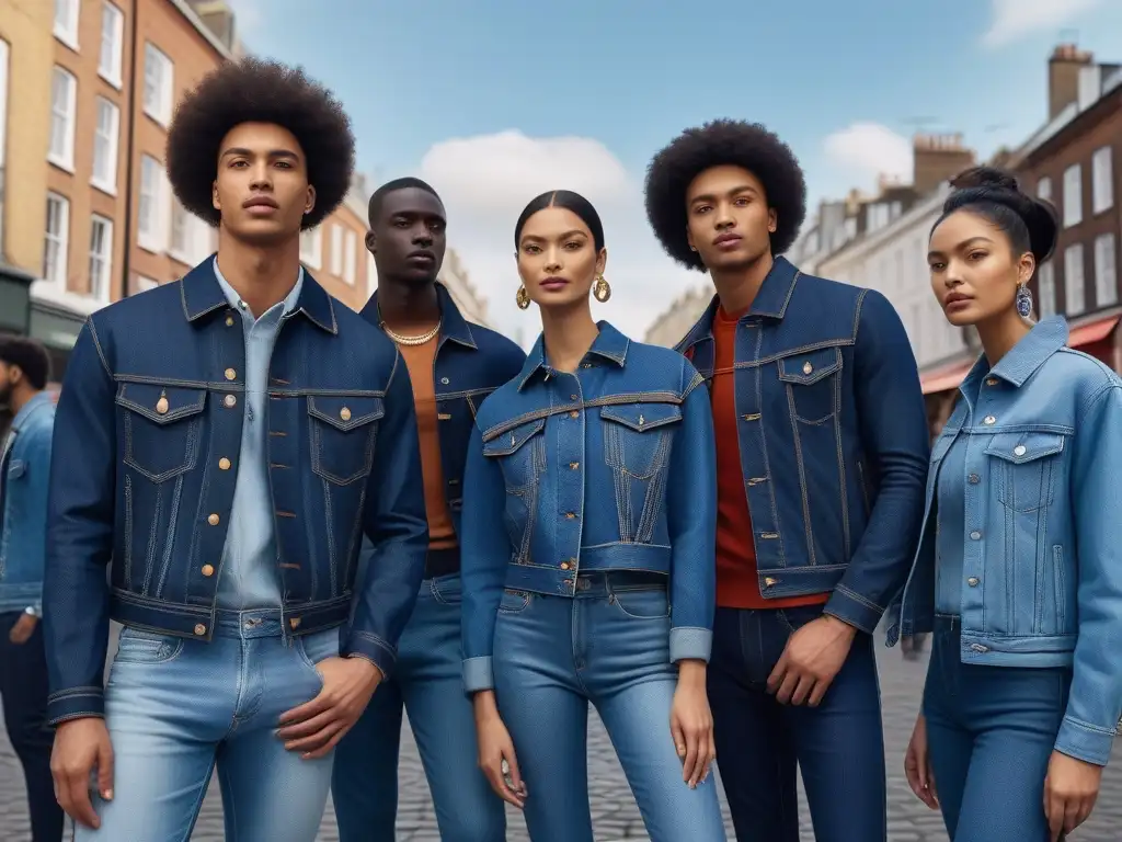 Denim sostenible: la evolución multicultural de la moda vaquera Una escena urbana vibrante muestra un grupo diverso en atuendos de denim sostenible, fusionando historia del denim y vaqueros
