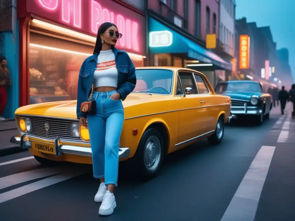 Escena urbana retro y moderna: moda de los 90 con un toque actual Una escena urbana vibrante con moda retro años 90 y accesorios modernos en la calle
