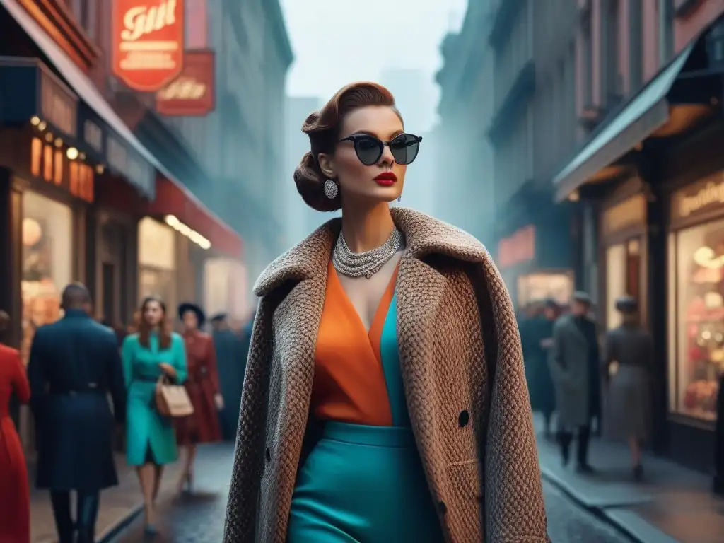 Escena urbana retro: moda vintage en bulliciosa calle de la ciudad Escena urbana vibrante con moda retro en tiendas y personas, reflejando marketing estrategias moda retro