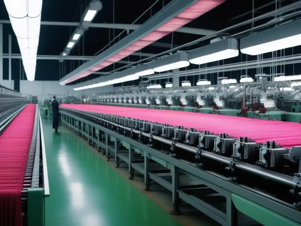 Fabrica textil de los 80: Operarios en acción Escena vibrante de una fábrica textil de moda retro de los 80, con tecnología de teñido en acción