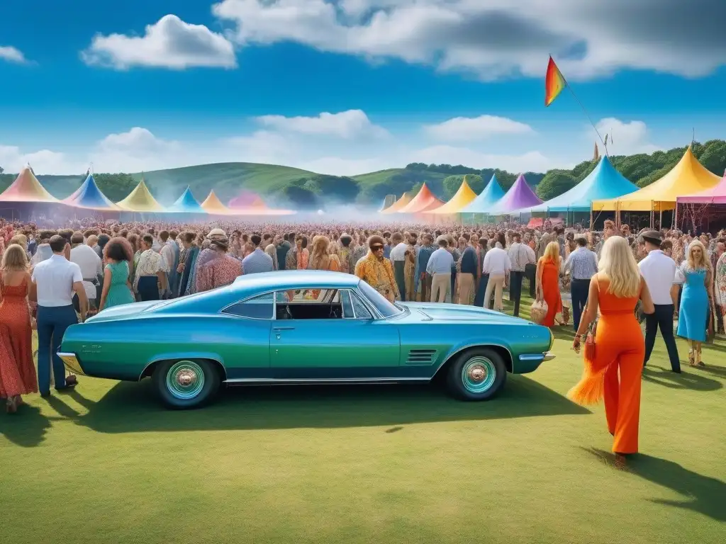Una escena vibrante de un festival de música en los años 60, con moda retro y ambiente festivo bajo el cielo azul